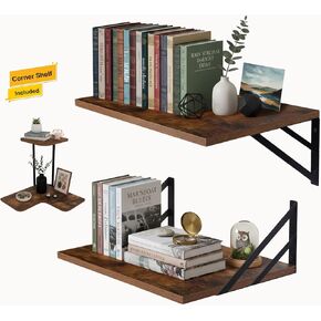 Rustic Brown Floating Shelves Set of 2 with Corner Shelf – Wood Wall Mounted Shelves for Kitchen, Bathroom, Living Room & Office Decor – Heavy Duty Storage Display, Easy Installation Included in Saudi Arabia