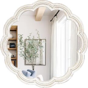 24 Inch Round Wall Mirror, Whitewashed Wooden Frame with Scalloped Edge & Beaded Trim, Decorative Farmhouse Boho Mirror for Bedroom, Bathroom, Living Room, Entryway in Kuwait