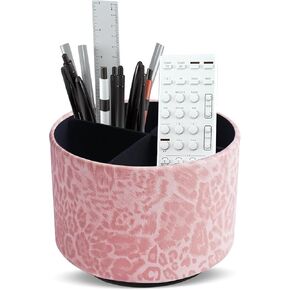 QIELIZI Round Leather Art Supply Organizer,Remote Control Holder,360 Degree Rotating,Multi-Functional Pencil Holder,4 Compartments Desktop Stationary Organizer(1-Leopard Brown) in Kuwait