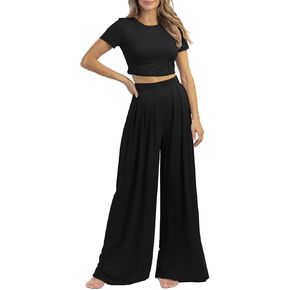 Womens 2 Piece Lounge Sets Summer Short Sleeve Crop Top Two Piece Outfit Wide Leg Palazzo Pants Set Matching Tracksuit in Saudi Arabia