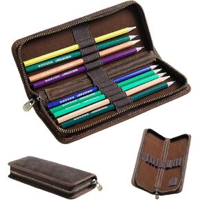 منظم حافظة أقلام من الجلد الطبيعي، حقيبة تخزين جلدية على طراز القهوة لأقلام الرصاص وأقلام التحديد والأقلام واللوازم الفنية، 10 أقلام خشبية لتخزين علبة القلم المحمولة للمكتب الرجل والمرأة in Kuwait