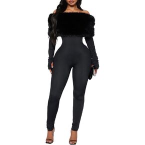Women sexy Faux Fur Collar Off Shoulder Bodycon Jumpsuits Long Sleeve One Piece Romper Club Outfits in Kuwait