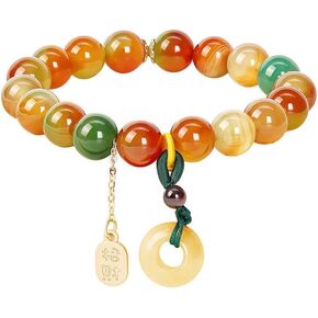 Peacock Agate & Topaz Bracelet with Lucky Buckle Charm, Stretch Balance Fortune Topaz Beads Bracelet for Women, Adjustable Elastic Peacock Agate Bracelet for Relieve Anxiety, Positive Gift for Mother's Day,Birthday,Promotion,Graduation - 10MM, Includes Gi in Kuwait