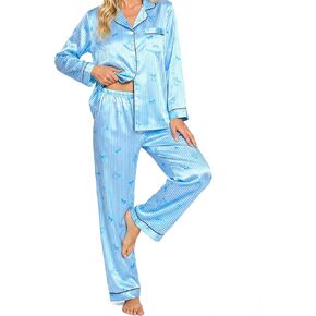 طقم بيجامة حريمي من الساتان مكون من قطعتين من الحرير بأكمام طويلة وأزرار سفلية ناعمة لملابس النوم in Kuwait