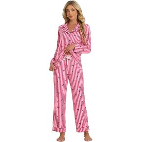 LYCY Women's Striped Print Pajama Set, Soft Button Down Long Sleeve Sleepwear, Cute Relaxed Fit Sleepwear in Kuwait