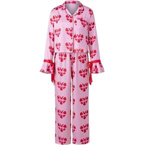 Women 2 Piece Valentines Day Heart Print Pajama Set Long Sleeve Button-up Tops and Pants Sleepwear Outfit in Kuwait