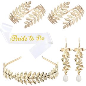 BOZILY Greek Goddess Accessories Set - Gold Leaf Headband Crown, Dangle Earrings, 2 Armbands & Shoulder Strap - Alloy & Pearl Bridal Wedding Costume Jewelry for Women, Cosplay, Theme Party in Kuwait