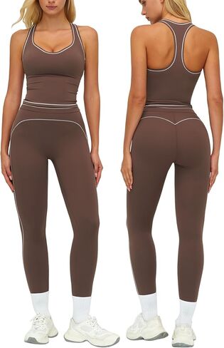 Womens Workout Set Two Piece Racerback Color Block Tank Top Matching High Waist Leggings Gym Pilates Outfits in Saudi Arabia