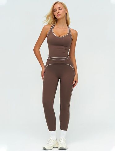 Womens Workout Set Two Piece Racerback Color Block Tank Top Matching High Waist Leggings Gym Pilates Outfits in Saudi Arabia