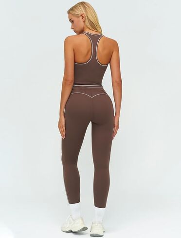 Womens Workout Set Two Piece Racerback Color Block Tank Top Matching High Waist Leggings Gym Pilates Outfits in Saudi Arabia