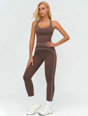 Womens Workout Set Two Piece Racerback Color Block Tank Top Matching High Waist Leggings Gym Pilates Outfits in Saudi Arabia