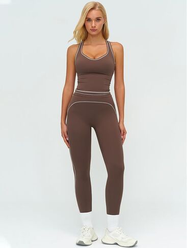 Womens Workout Set Two Piece Racerback Color Block Tank Top Matching High Waist Leggings Gym Pilates Outfits in Saudi Arabia