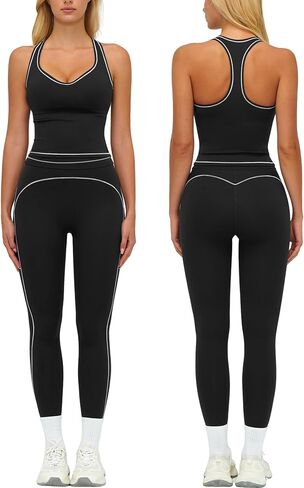 Womens Workout Set Two Piece Racerback Color Block Tank Top Matching High Waist Leggings Gym Pilates Outfits in Saudi Arabia