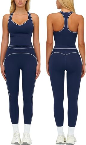 Womens Workout Set Two Piece Racerback Color Block Tank Top Matching High Waist Leggings Gym Pilates Outfits in Saudi Arabia