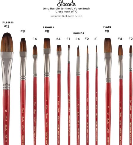 فرشاة رسم فنية من Creative Mark Staccato - أشكال وأحجام متنوعة - عبوة كبيرة مكونة من 72 قطعة - فرش صناعية ذات مقبض طويل للدهانات الأكريليك، مصنوعة يدويًا وكاملة الجسم مع استجابة نابضة بالحياة in Saudi Arabia