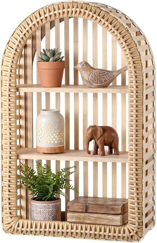 Pinkunn 20'' x 12'' 3 Tier Rattan Wall Shelf Boho Arch Hanging Shelves Arched Wall Mounted Wicker Shelf Decorative Farmhouse Handcraft Floating Storage Display Rack for Bathroom Living Room Decor in Saudi Arabia