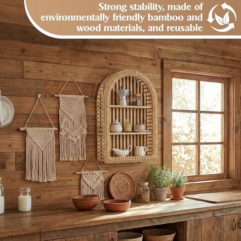 Pinkunn 20'' x 12'' 3 Tier Rattan Wall Shelf Boho Arch Hanging Shelves Arched Wall Mounted Wicker Shelf Decorative Farmhouse Handcraft Floating Storage Display Rack for Bathroom Living Room Decor in Saudi Arabia