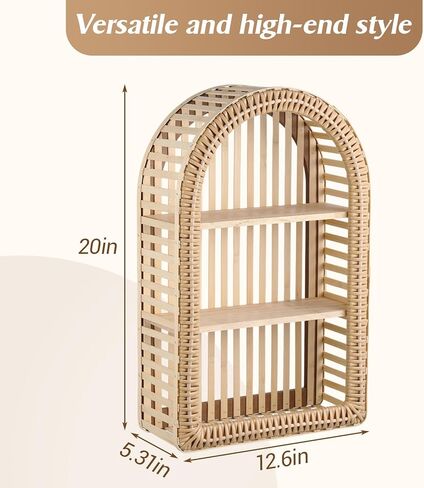 Pinkunn 20'' x 12'' 3 Tier Rattan Wall Shelf Boho Arch Hanging Shelves Arched Wall Mounted Wicker Shelf Decorative Farmhouse Handcraft Floating Storage Display Rack for Bathroom Living Room Decor in Saudi Arabia