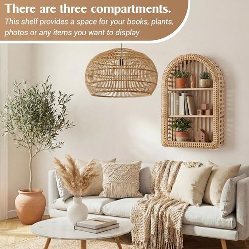 Pinkunn 20'' x 12'' 3 Tier Rattan Wall Shelf Boho Arch Hanging Shelves Arched Wall Mounted Wicker Shelf Decorative Farmhouse Handcraft Floating Storage Display Rack for Bathroom Living Room Decor in Saudi Arabia