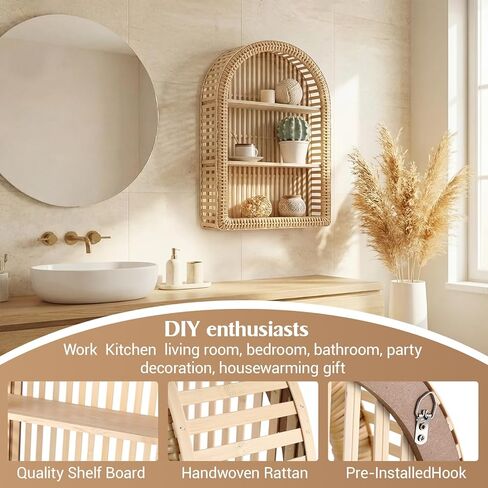 Pinkunn 20'' x 12'' 3 Tier Rattan Wall Shelf Boho Arch Hanging Shelves Arched Wall Mounted Wicker Shelf Decorative Farmhouse Handcraft Floating Storage Display Rack for Bathroom Living Room Decor in Saudi Arabia