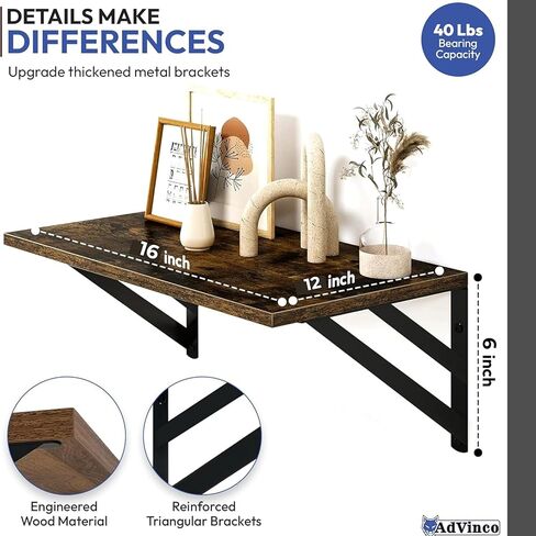 Rustic Brown Floating Shelves Set of 2 with Corner Shelf – Wood Wall Mounted Shelves for Kitchen, Bathroom, Living Room & Office Decor – Heavy Duty Storage Display, Easy Installation Included in Saudi Arabia