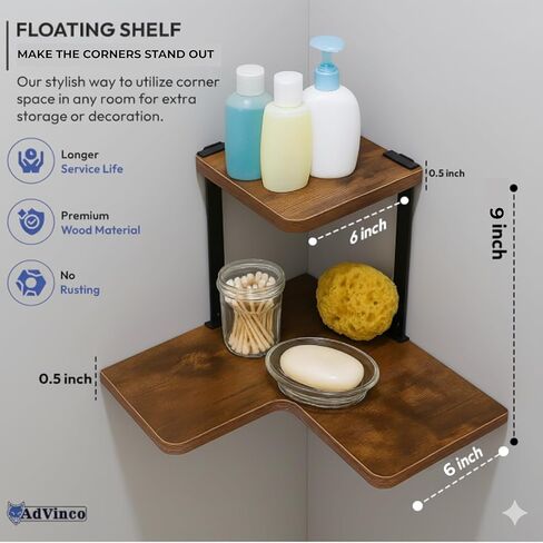 Rustic Brown Floating Shelves Set of 2 with Corner Shelf – Wood Wall Mounted Shelves for Kitchen, Bathroom, Living Room & Office Decor – Heavy Duty Storage Display, Easy Installation Included in Saudi Arabia