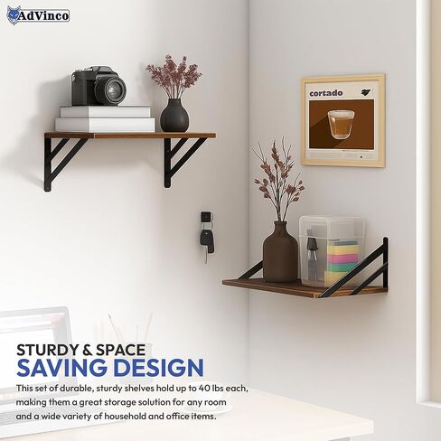 Rustic Brown Floating Shelves Set of 2 with Corner Shelf – Wood Wall Mounted Shelves for Kitchen, Bathroom, Living Room & Office Decor – Heavy Duty Storage Display, Easy Installation Included in Saudi Arabia