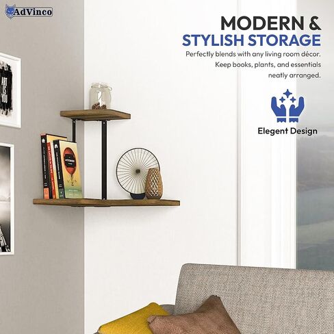 Rustic Brown Floating Shelves Set of 2 with Corner Shelf – Wood Wall Mounted Shelves for Kitchen, Bathroom, Living Room & Office Decor – Heavy Duty Storage Display, Easy Installation Included in Saudi Arabia