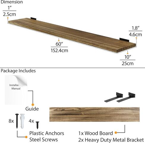 Wallniture Palm 60 inch Long, 10" Deep, 1" Thick Wood Floating Shelves for Bedroom, Wall Mounted Rustic Bookshelf, Wooden Shelf for Storage, Decor, Books, Plants, Burnt Finish in Saudi Arabia