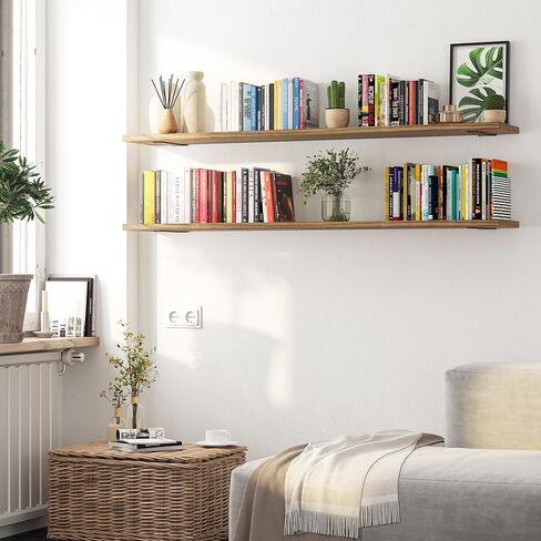 Wallniture Palm 60 inch Long, 10" Deep, 1" Thick Wood Floating Shelves for Bedroom, Wall Mounted Rustic Bookshelf, Wooden Shelf for Storage, Decor, Books, Plants, Burnt Finish in Saudi Arabia