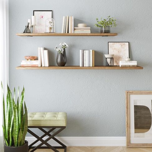 Wallniture Palm 60 inch Long, 10" Deep, 1" Thick Wood Floating Shelves for Bedroom, Wall Mounted Rustic Bookshelf, Wooden Shelf for Storage, Decor, Books, Plants, Burnt Finish in Saudi Arabia