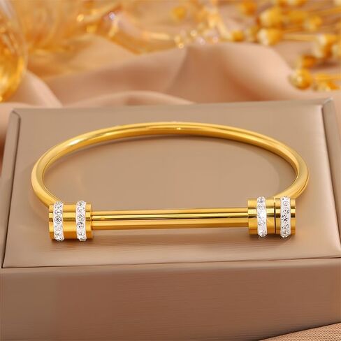 Gold Bracelets for Women Twist Knob Horseshoe Bangle with Rhinestones, Stainless Steel Adjustable Open Bangle, Modern Luxe Statement Jewelry in Saudi Arabia