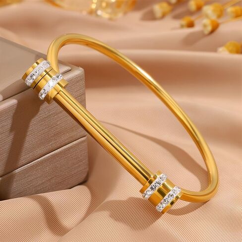 Gold Bracelets for Women Twist Knob Horseshoe Bangle with Rhinestones, Stainless Steel Adjustable Open Bangle, Modern Luxe Statement Jewelry in Saudi Arabia