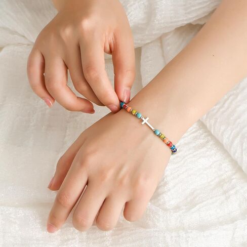 سوار Dainty Cross للنساء - أساور مطرزة ملونة مطلية بالذهب عيار 14 قيراط هدايا مسيحية للنساء والأصدقاء والحبيب | هدايا عيد الميلاد الثلاثين والأربعين والخمسين لعيد الحب عيد الفصح تخزين المواد والمجوهرات in Kuwait
