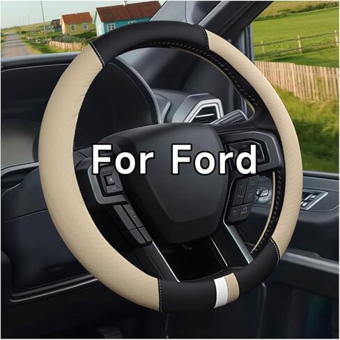 غطاء عجلة القيادة لفورد F-150 F-250 F-350 إكسبيديشن جلد عجلة قيادة السيارة قبضة بيج 15.5-16'' in Kuwait