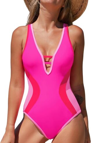 popvil One Piece Swimsuit for Women 2026 Neon Color Block Bathing Suit Deep V Neck Swimsuit Slimming Adjustable Swimwear in Saudi Arabia