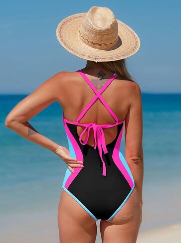 popvil One Piece Swimsuit for Women 2026 Neon Color Block Bathing Suit Deep V Neck Swimsuit Slimming Adjustable Swimwear in Saudi Arabia