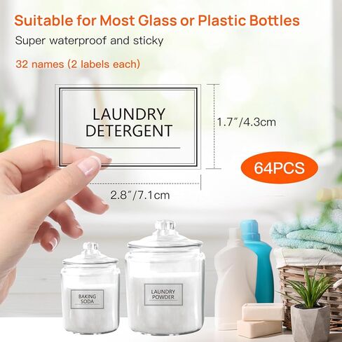 Minimalist Laundry Room Labels - 64 PCS Clear Waterproof Transparent Vinyl Stickers for Glass Jars, Spray Bottles, Detergent Dispensers & Containers - Home Organization & Storage in Kuwait