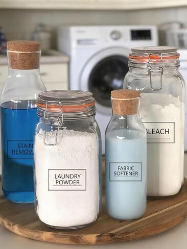 Minimalist Laundry Room Labels - 64 PCS Clear Waterproof Transparent Vinyl Stickers for Glass Jars, Spray Bottles, Detergent Dispensers & Containers - Home Organization & Storage in Kuwait