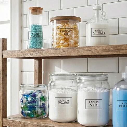 Minimalist Laundry Room Labels - 64 PCS Clear Waterproof Transparent Vinyl Stickers for Glass Jars, Spray Bottles, Detergent Dispensers & Containers - Home Organization & Storage in Kuwait