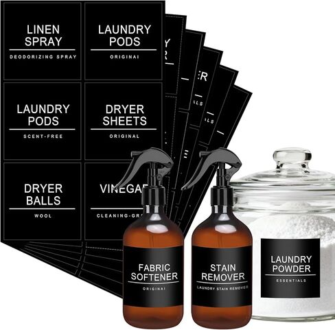 ملصقات غرفة الغسيل مقاومة للماء 36 ملصق تنظيم منزلي بسيط للزجاجات والجرار وموزعات المنظفات، ملصقات ملصقات تنظيم تخزين المنزل (أسود) in Kuwait