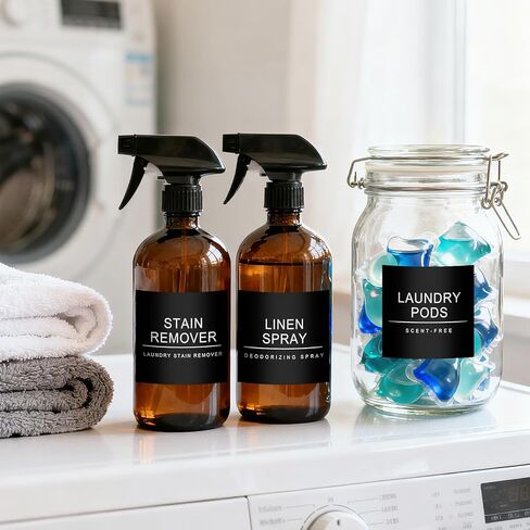 ملصقات غرفة الغسيل مقاومة للماء 36 ملصق تنظيم منزلي بسيط للزجاجات والجرار وموزعات المنظفات، ملصقات ملصقات تنظيم تخزين المنزل (أسود) in Kuwait