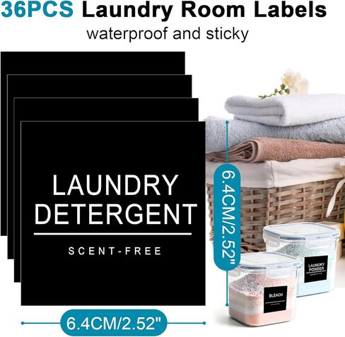 ملصقات غرفة الغسيل مقاومة للماء 36 ملصق تنظيم منزلي بسيط للزجاجات والجرار وموزعات المنظفات، ملصقات ملصقات تنظيم تخزين المنزل (أسود) in Kuwait