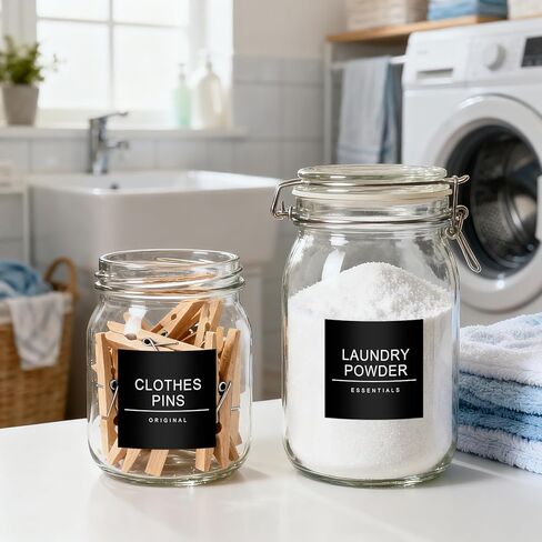 ملصقات غرفة الغسيل مقاومة للماء 36 ملصق تنظيم منزلي بسيط للزجاجات والجرار وموزعات المنظفات، ملصقات ملصقات تنظيم تخزين المنزل (أسود) in Kuwait