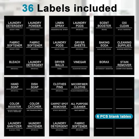 ملصقات غرفة الغسيل مقاومة للماء 36 ملصق تنظيم منزلي بسيط للزجاجات والجرار وموزعات المنظفات، ملصقات ملصقات تنظيم تخزين المنزل (أسود) in Kuwait
