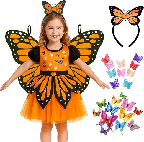 زي الفراشة للفتيات من عمر 3 إلى 11 عامًا - زي Monarch Fairy Dress Up مع إكسسوارات للهالوين وأعياد الميلاد in Kuwait