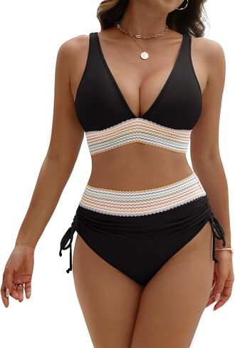 Womens High Waisted Bikini Sets Tummy Control Bathing Suit Two Piece Drawstring Color Block Swimsuits in Kuwait