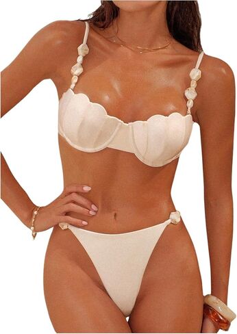 SHENHE Women's Push Up Underwire Swimsuits 2 Piee Seashell Top Cheeky Thong Beaded Bikini Set in Saudi Arabia