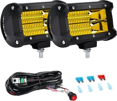 AveneMark 2PCS 5 "72W LED Light Bar، صف مزدوج شعاع الفيضانات الأصفر 10800LM، 16AWG طقم تسخير الأسلاك، ضوء العمل للشاحنات SUV ATV UTV Boat in Kuwait