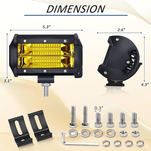 AveneMark 2PCS 5 "72W LED Light Bar، صف مزدوج شعاع الفيضانات الأصفر 10800LM، 16AWG طقم تسخير الأسلاك، ضوء العمل للشاحنات SUV ATV UTV Boat in Kuwait